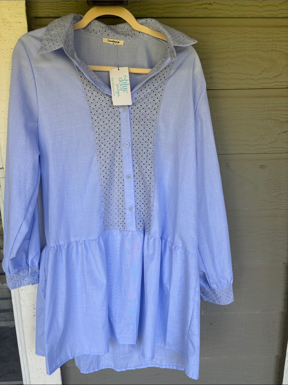 Sunday Up Light Blue Eyelet Button-Front Tunic Dress